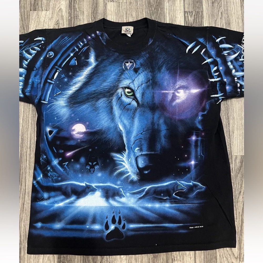 Vintage 2001 Liquid Blue Great Wolf Lodge Wolf All Over Print T-Shirt Size XL